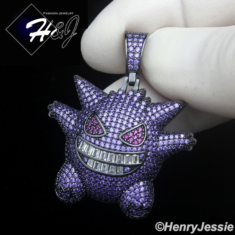 MEN 925 STERLING SILVER ICY PURPLE CZ 3D BLACK PLATED HIPHOP GENGAR PENDANT*P504