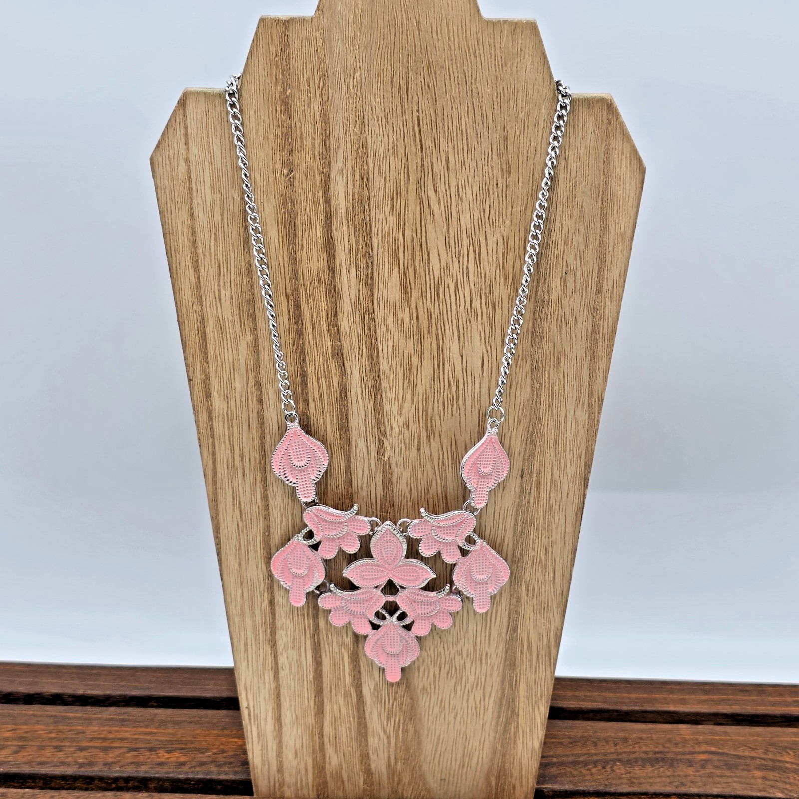 Plunder SUE Silver Cuban Link Soft Pink Floral Bib Bohemian Statement Necklace