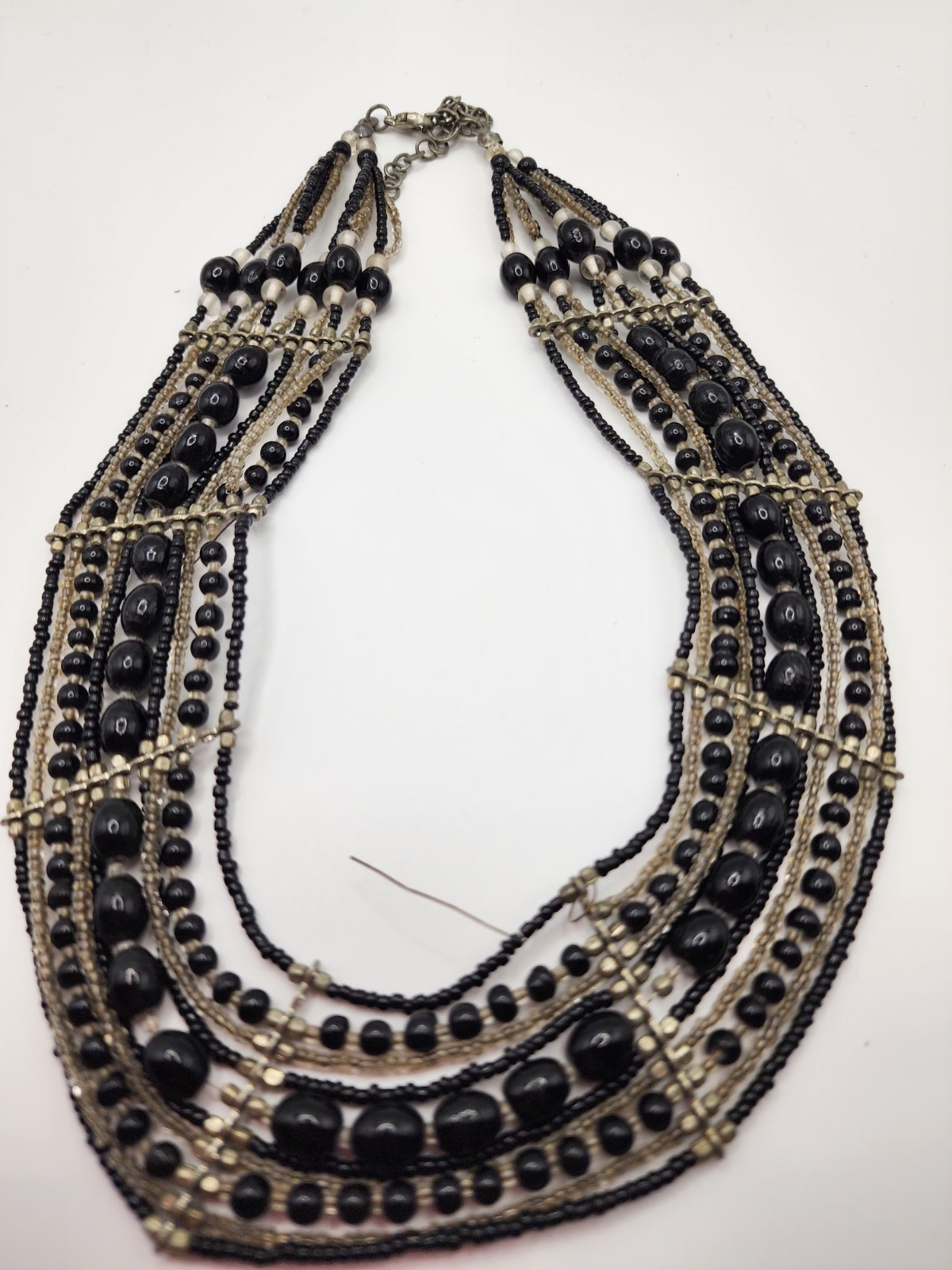 Black Silver Glass Beaded Statement Necklace Multi-Strand Lobster Closure