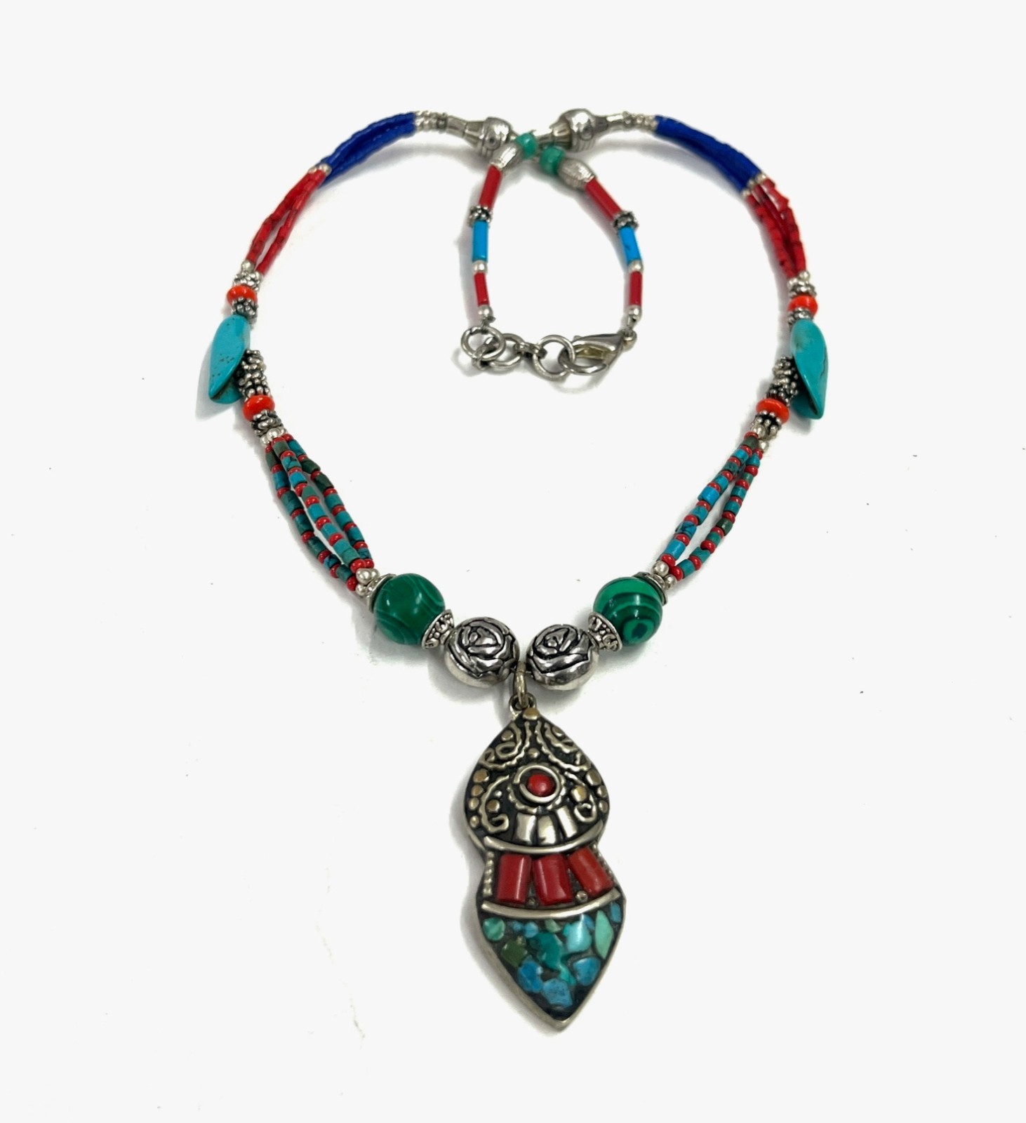 Vintage Coral Turquoise Gemstone Tibetan Style Necklace Jewelry, 17 Inch Adjs