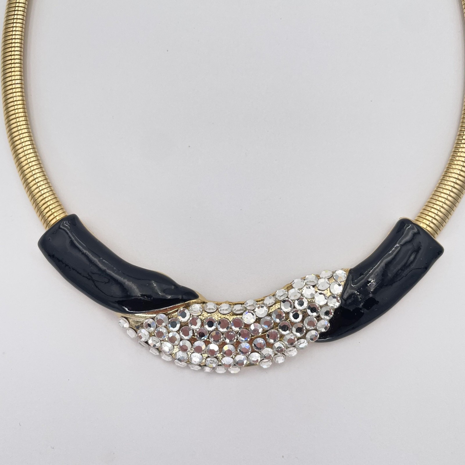 Vintage Gold Tone Rhinestone Collar Necklace Black Enamel Statement Choker 16in