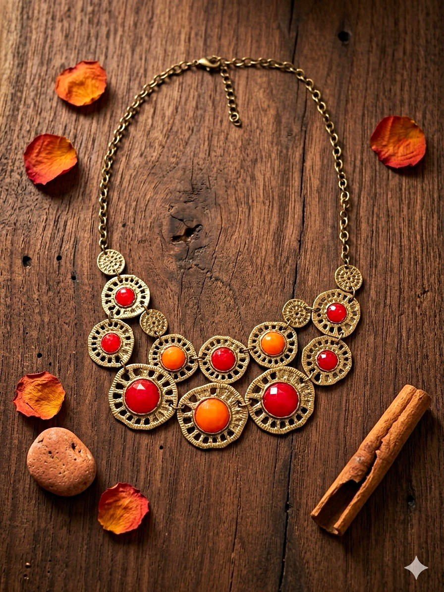 Gold Tone Statement Bib Necklace Red & Orange Round Stones Adjustable 32 in