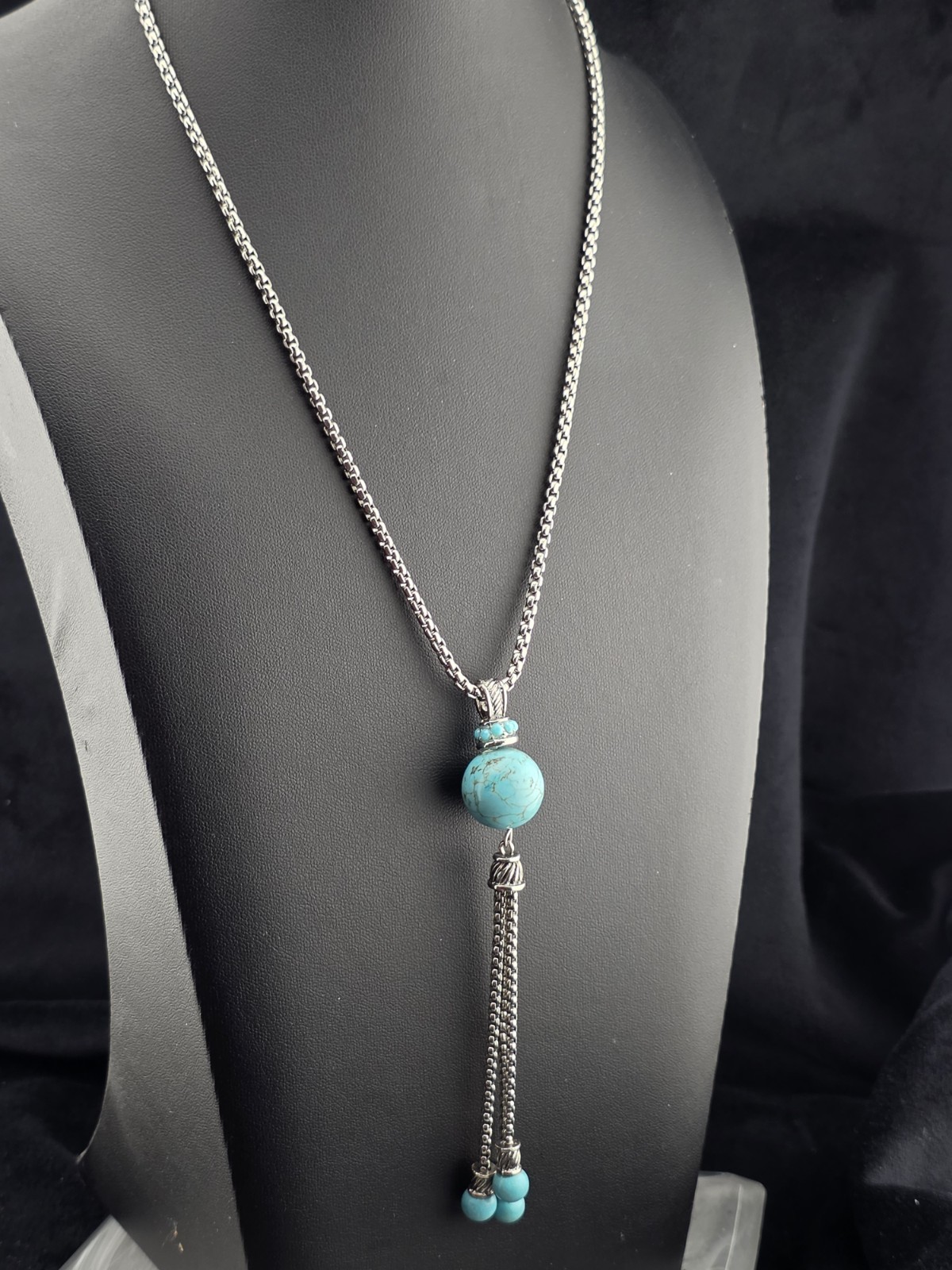 Southwestern Turquoise Tassel Pendant Necklace Heavy Silver Tone 16½” – 19½”
