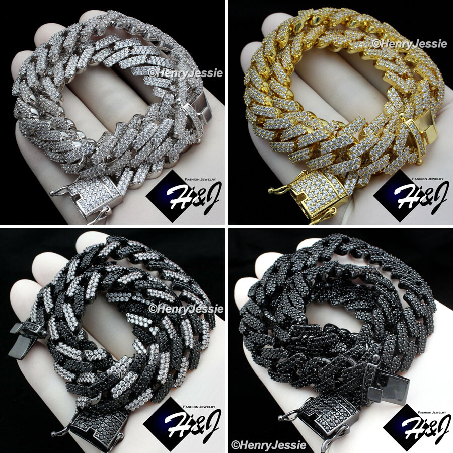 7.5″-30″MEN 14K GOLD/SILVER/BLACK PLATED ICY CZ 14MM MIAMI CUBAN CHAIN NECKLACE