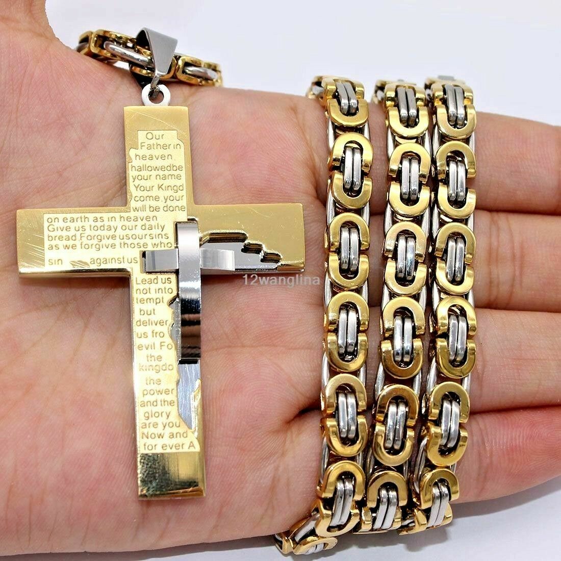 6mm Gold Silver Byzantine Mens Boys Chain Stainless Steel Cross Pendant Necklace