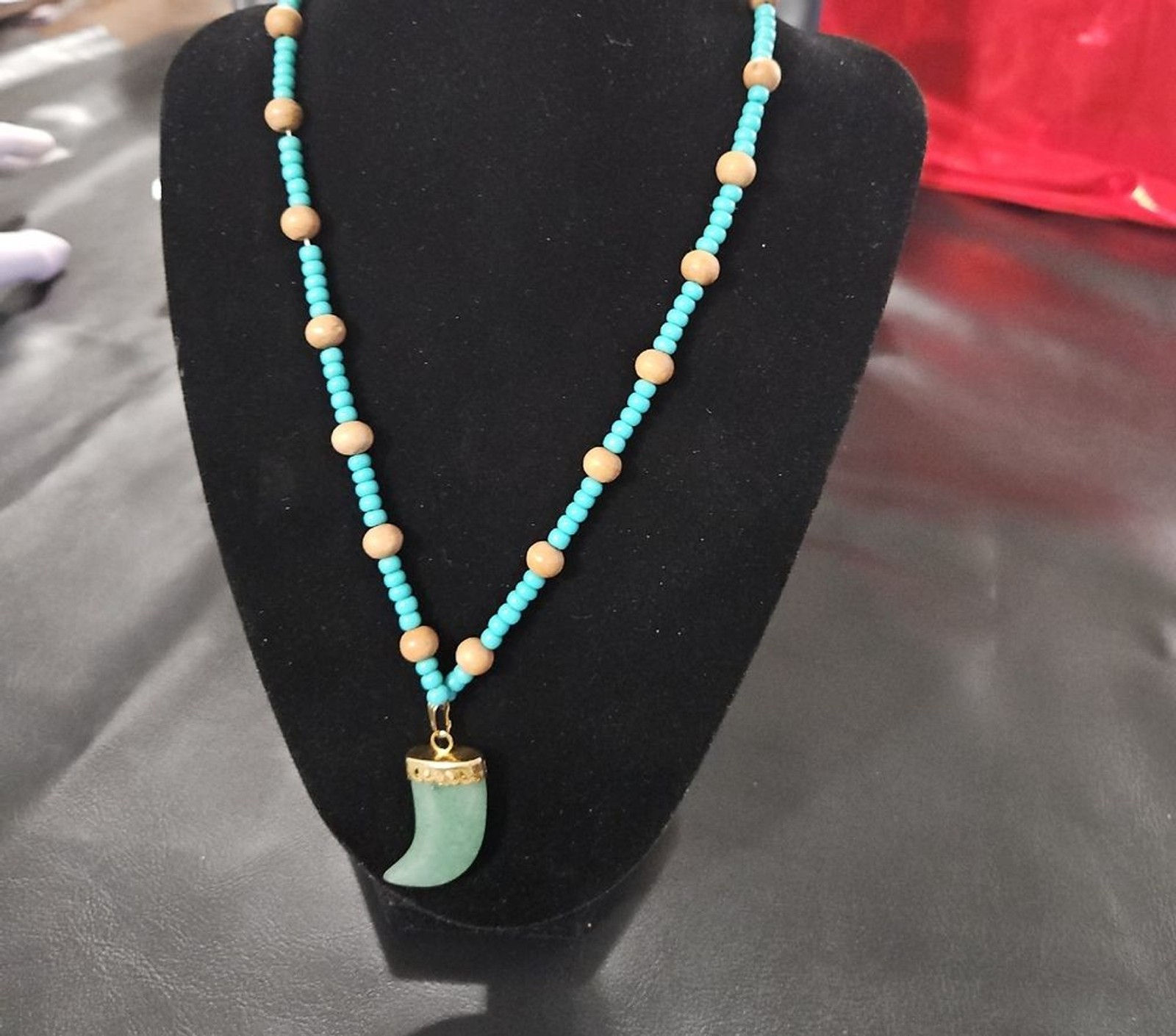 Turquoise and Wood Beaded Necklace with Jade Pendant