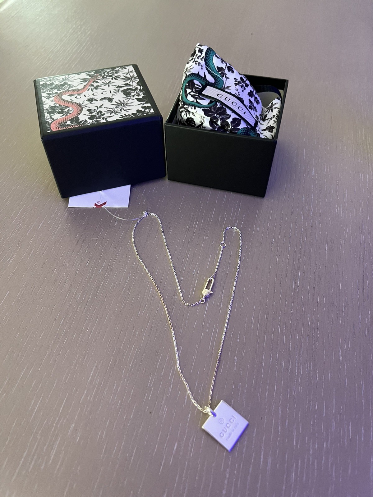 GUCCI Necklace Square Plate Pendant Engraved Logo Adjustable Chain Silver