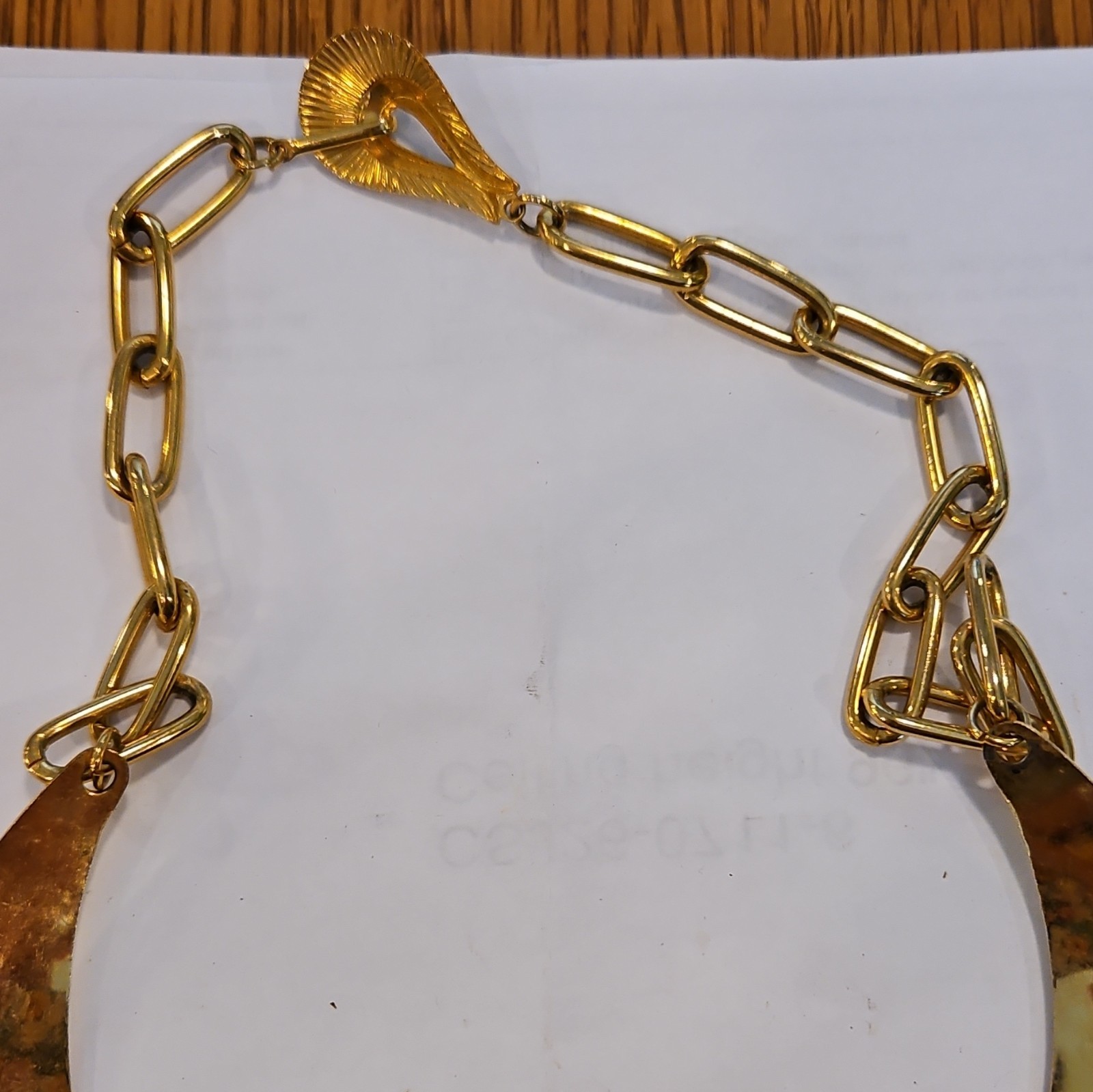 Gold Tone Crescent Pendant Statement Necklace, Chunky Link Chain, Hook