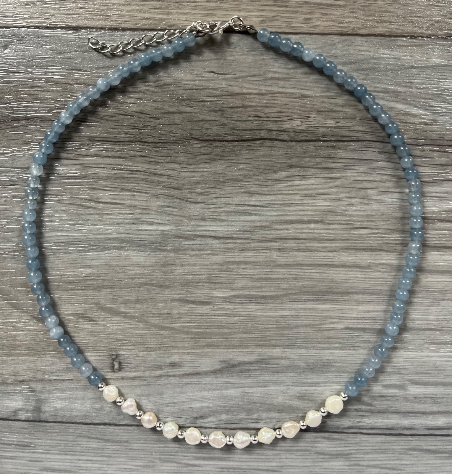 Aquamarine & ivory baroque freshwater pearl necklace, 17 1/2 to 19 1/2 inches