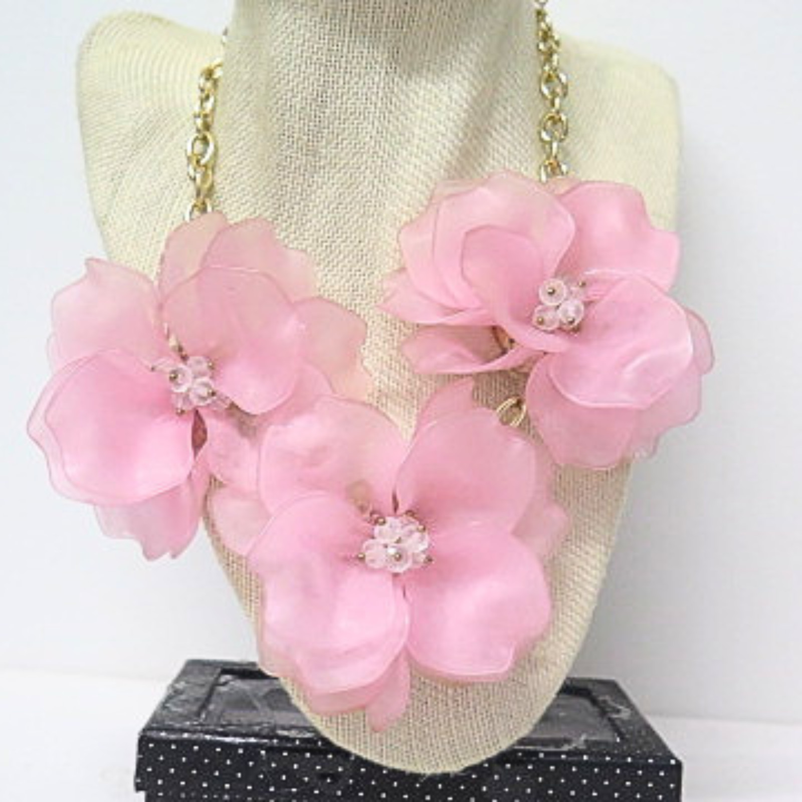 Statement Pink Flower Bib Necklace Gold Tone Floral Petal Necklace