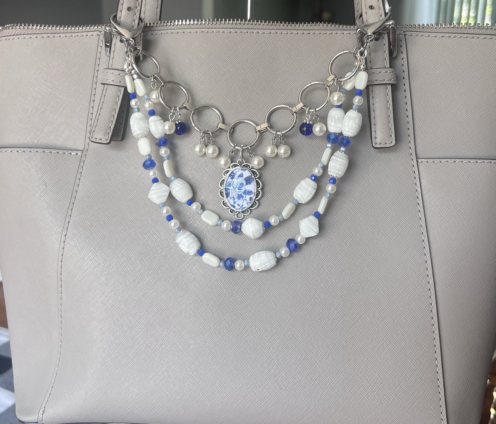 Silver Tone Blue & White Glass Beaded Statement bag charm Cable Chain Oval Charm
