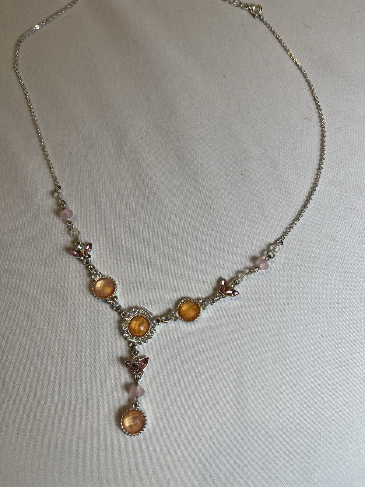 Y Drop Rhinestone Necklace Amber Topez Silver Tone Color Y2K
