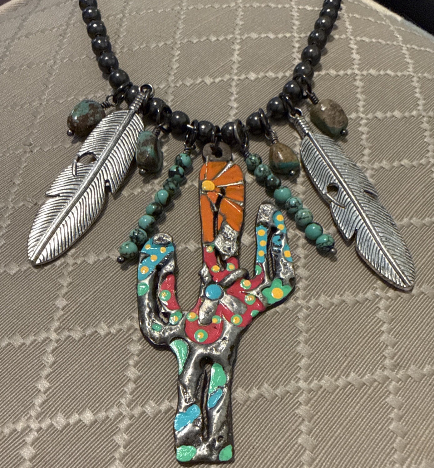 Attagirl Creations Southwestern Cactus Statement Necklace Boho Western Feather
