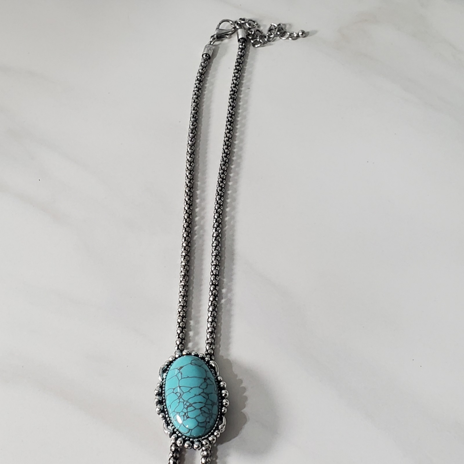 Silver Tone Faux Turquoise Adjustable Slider Bolo Necklace