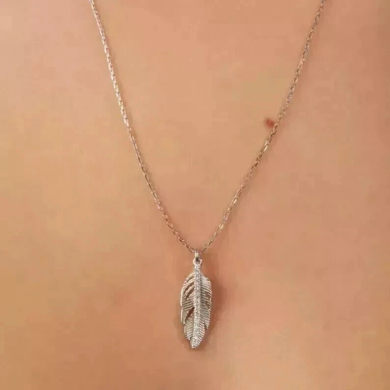1Ct Round Simulated Diamond Stunning Leaf Pendant Necklace 14K White Gold Plated