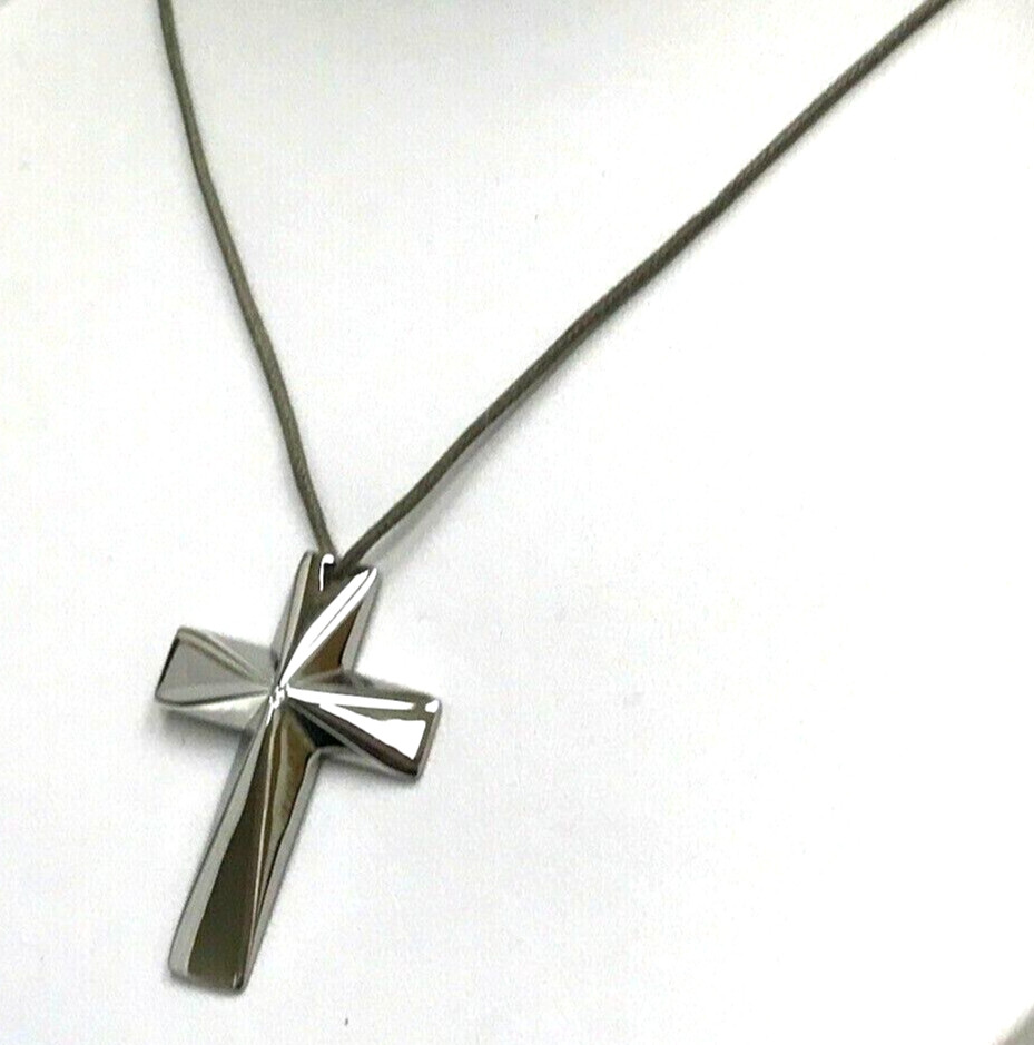 Clessidra Cross St. Steel Pendant On Green Silk Cord Necklace Adjustable 28″