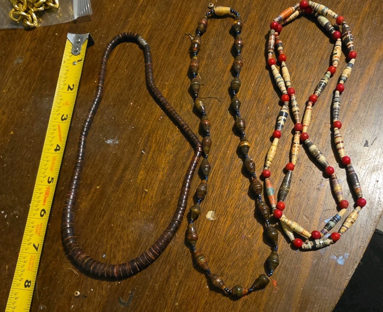 Lot of 3 Multicolor Beaded Necklaces, Wood & Paper Beads, Ball/Bead Chain