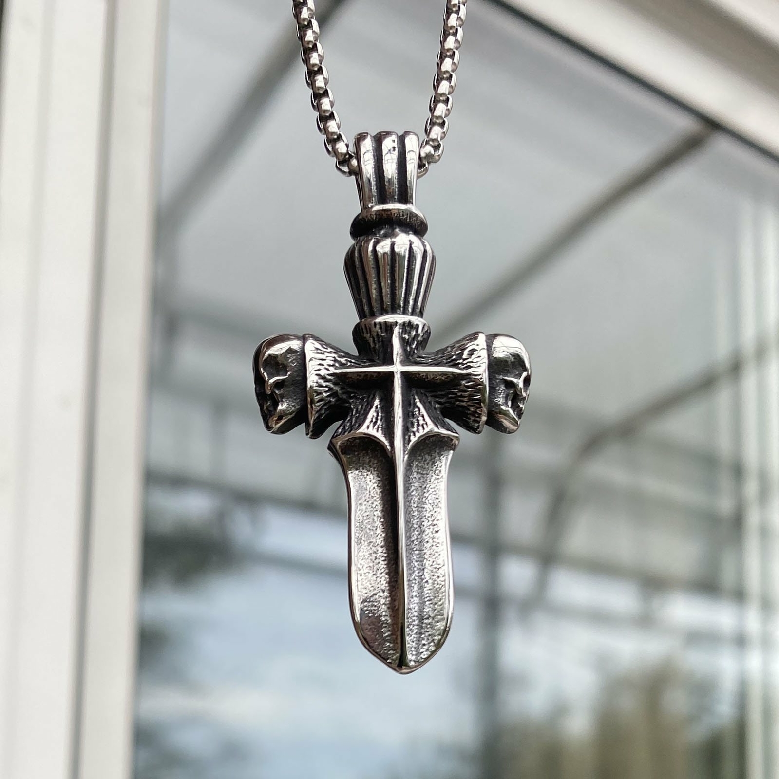 MENDEL Mens Gothic Biker Skull Cross Pendant Necklace Chain Men Stainless Steel