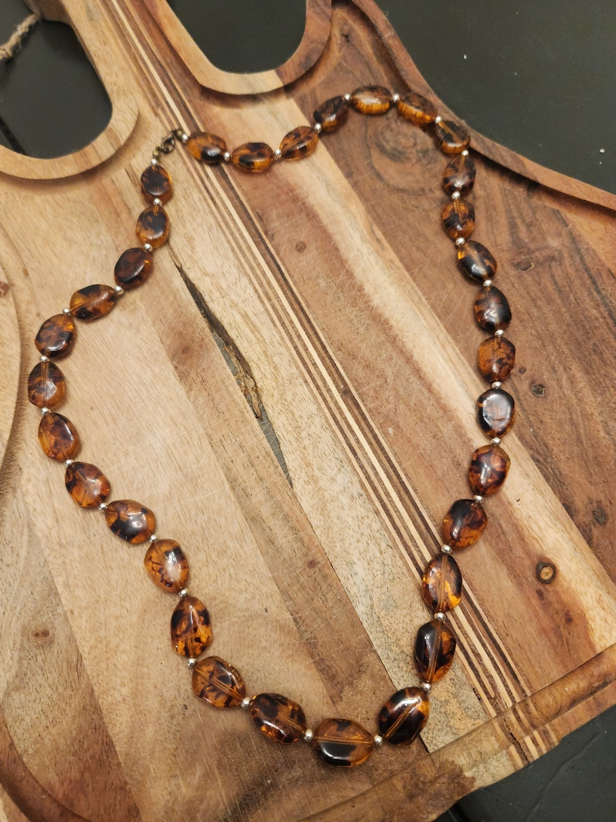 Brown Plastic Beaded Necklace Oval Beads Beaded Chain No Stone Lobster Clasp