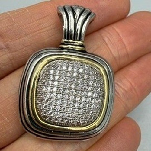 Two Tone Pave Square Pendant 1.5″ Casual Chic Everyday Bling
