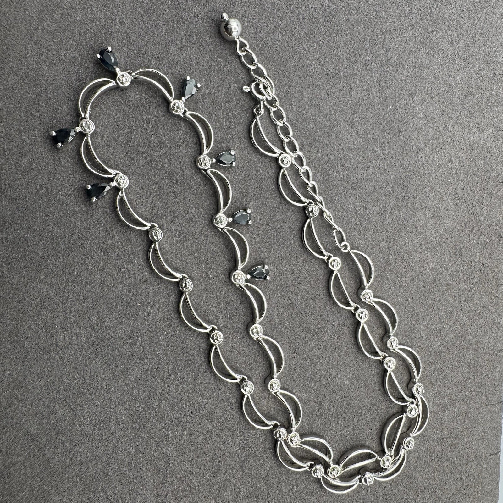 925 Sterling Silver Blue Sapphire Diamond Fringe Swag Festoon Necklace Stamped