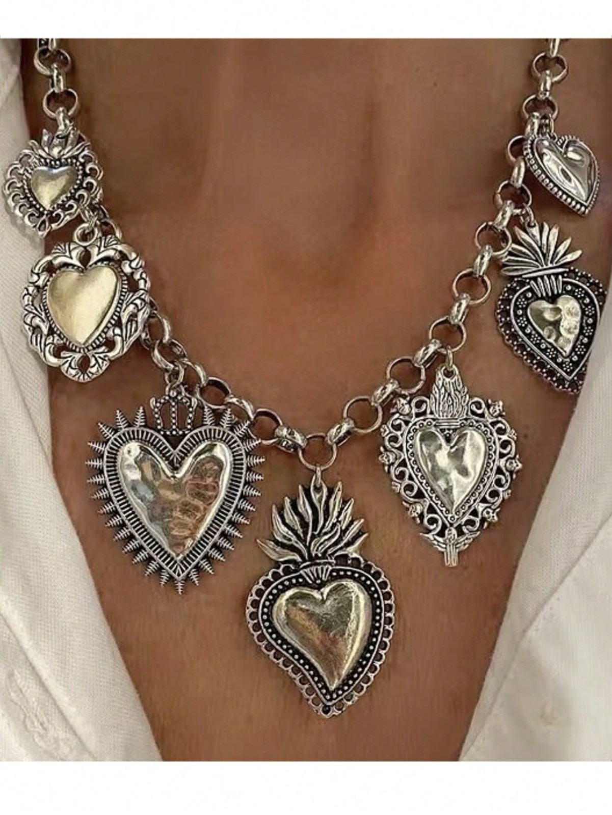 Gothic Chunky Chain Charms Flaming Heart Statement Necklace Evil Eyes Pendand