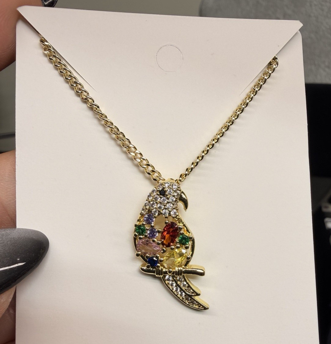 Gold Plated Pave CZ Bird Pendant Cable Chain Necklace 17 inch