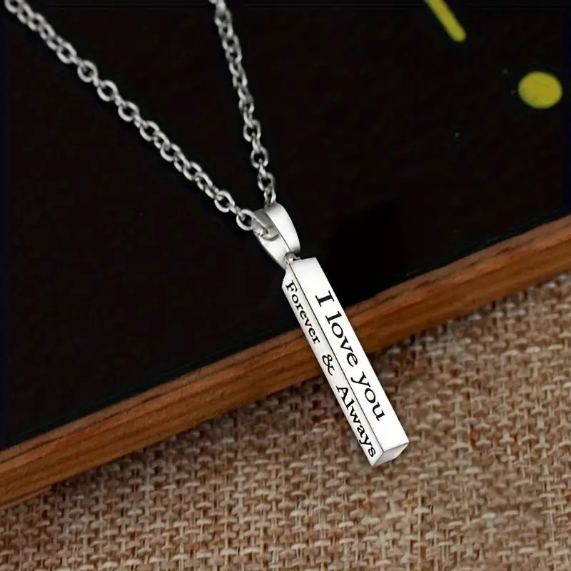 Silver Column Bar Necklace I Love You Forever & Always Romantic Pendant Gift
