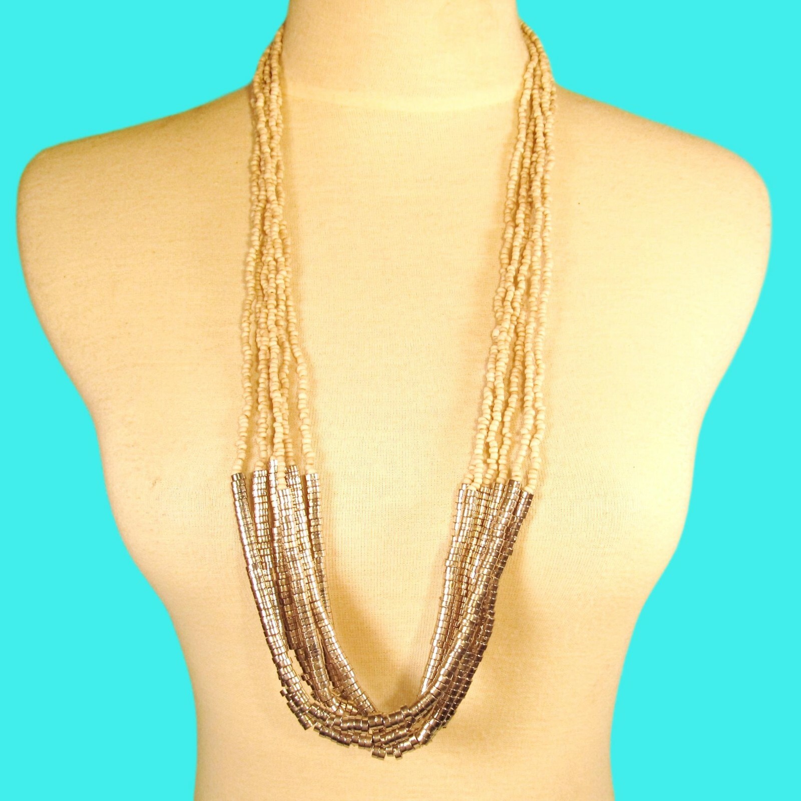 32″ Multi Strand Natural Color Bohemian Handmade Seed Bead Silver Tone Necklace