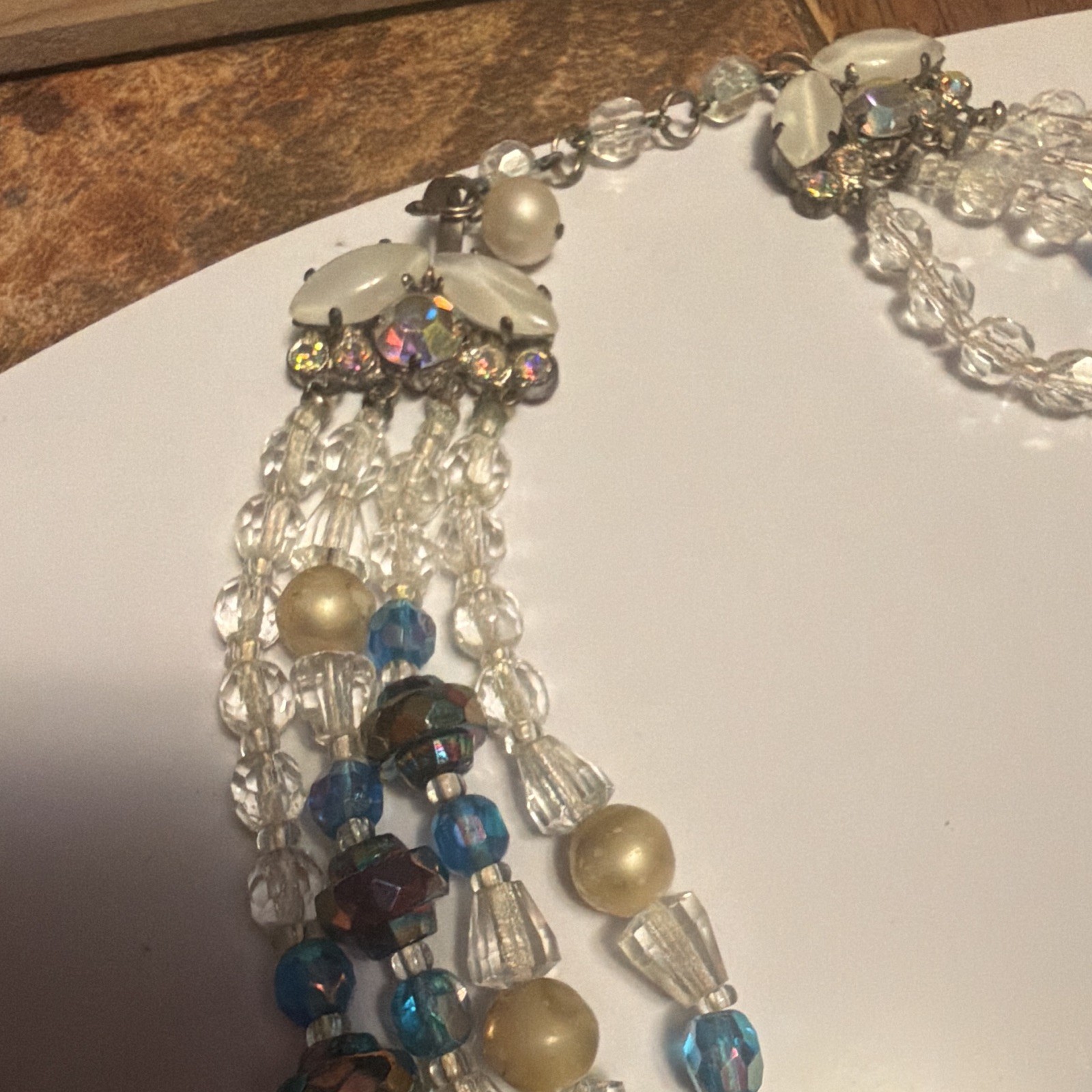 Vintage Multi-Strand Layered Blue Clear Crystal & Cream Imitation Pearl Necklace