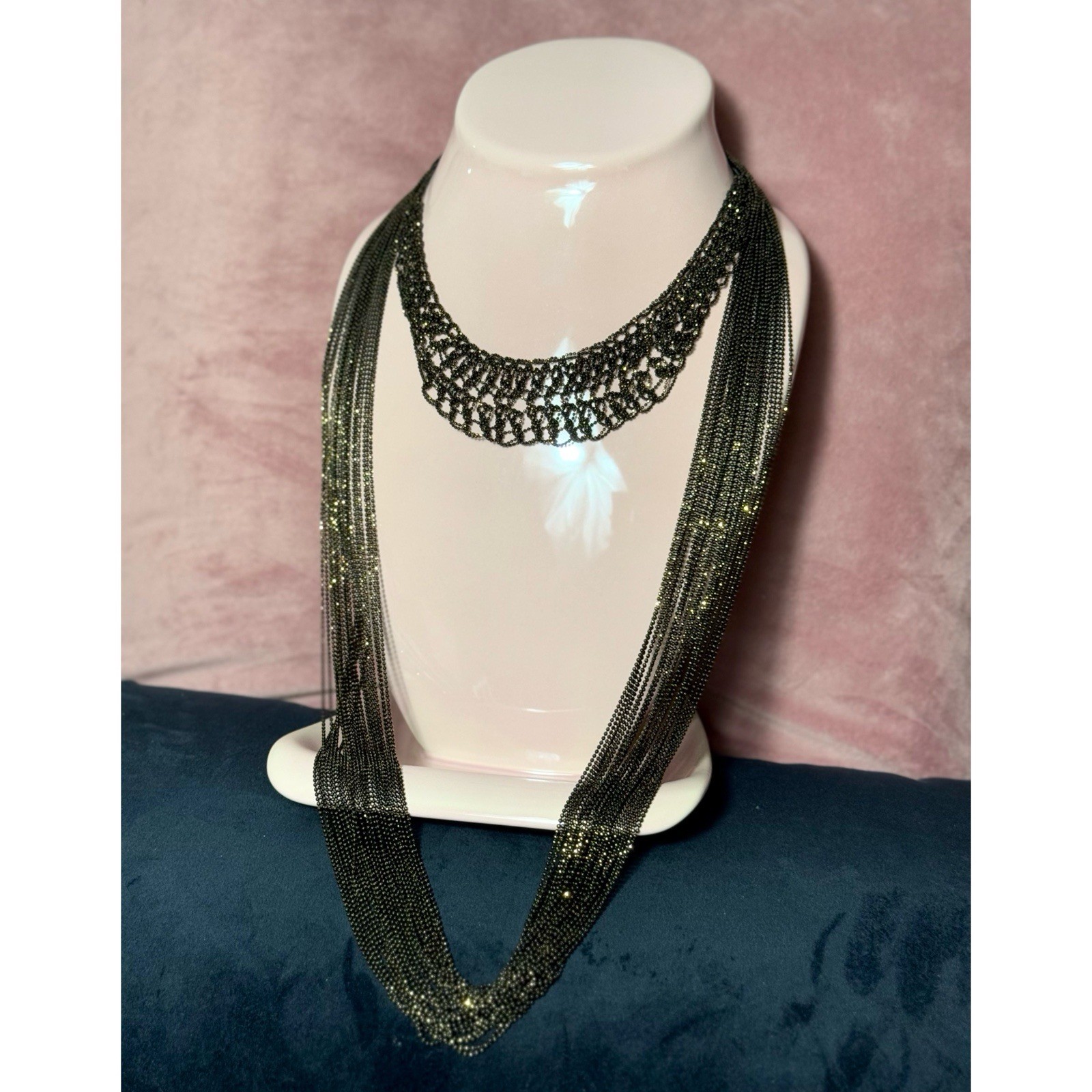 2 Black Brown Multi Layer Statement Chain Necklace Lace Bib Chocker Set Bundle