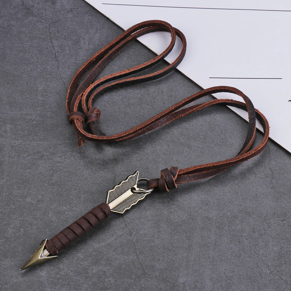 Men’s Fashion Jewelry Vintage Brown Leather Arrow Pendant Necklace 1-152