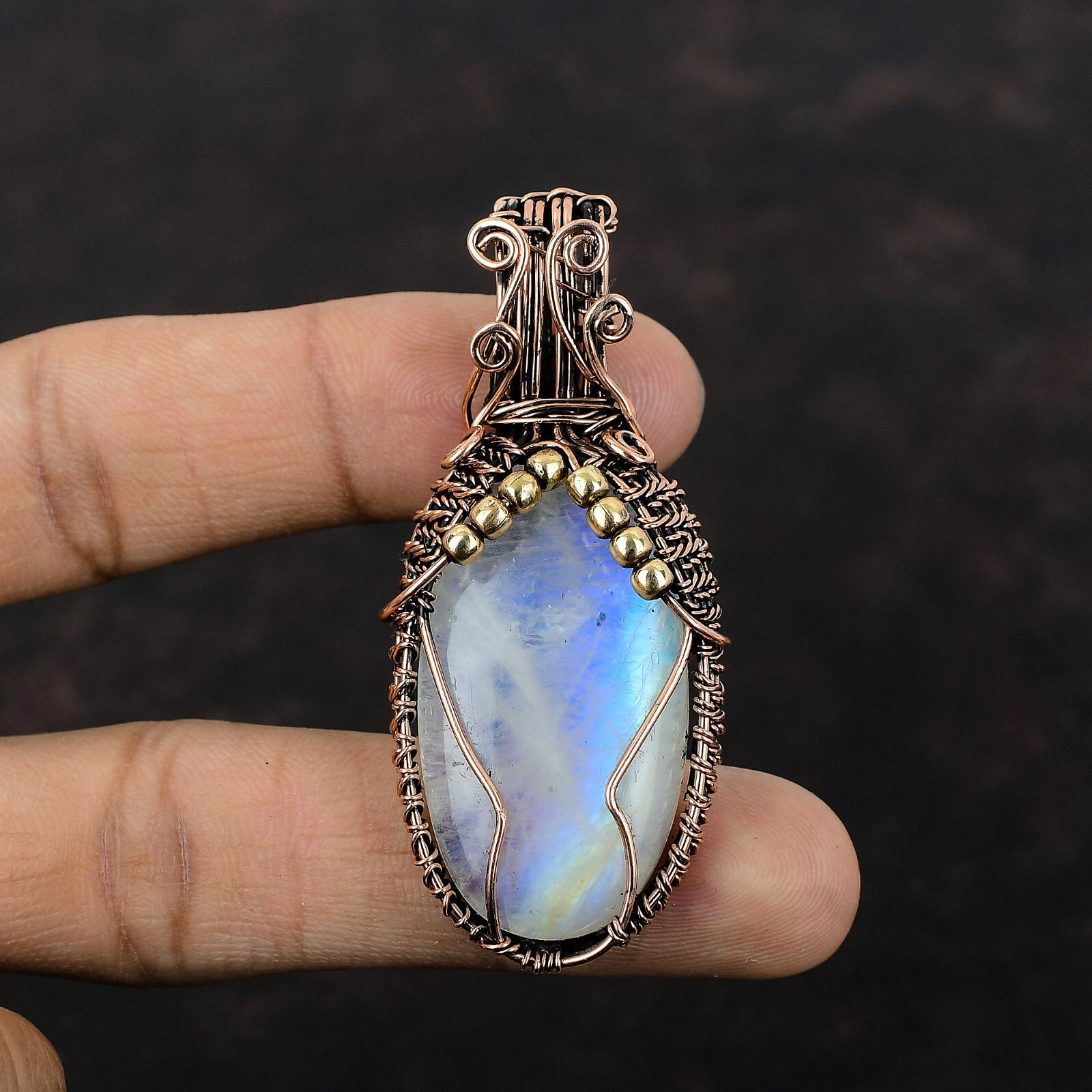 Women Day Sale Rainbow Moonstone Copper Gift For Mom Wire Wrapped Pendant 2.48″