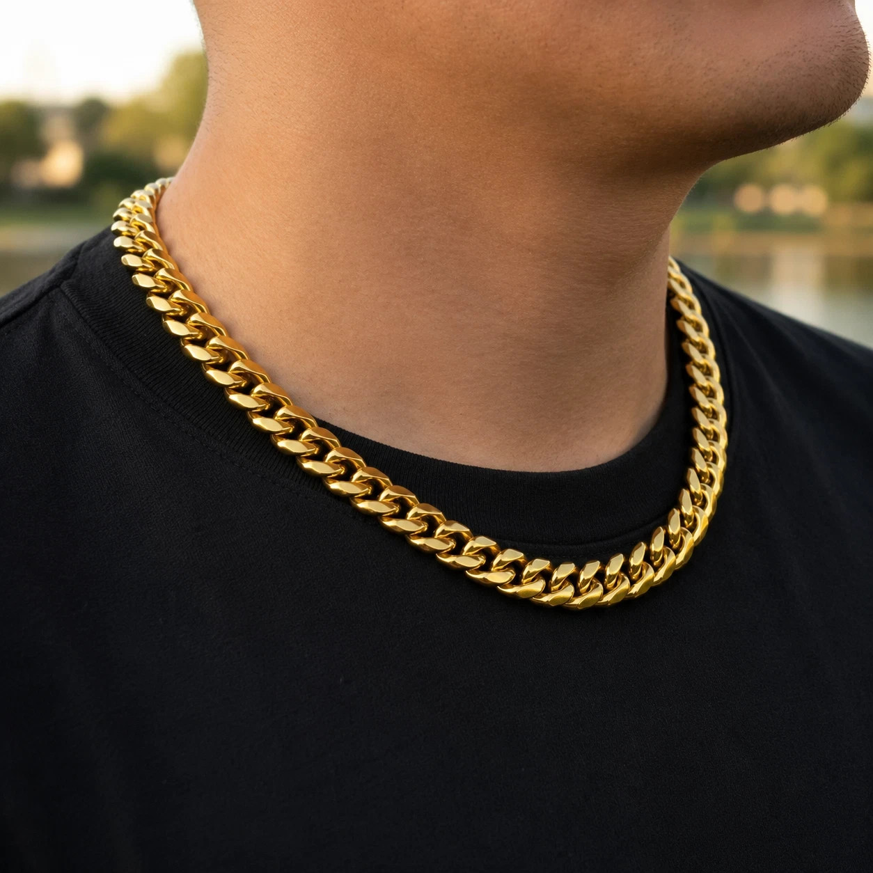 Men’s 12mm Miami Cuban Link Chain 20″ 18K Gold Plated Stainless Steel Necklace