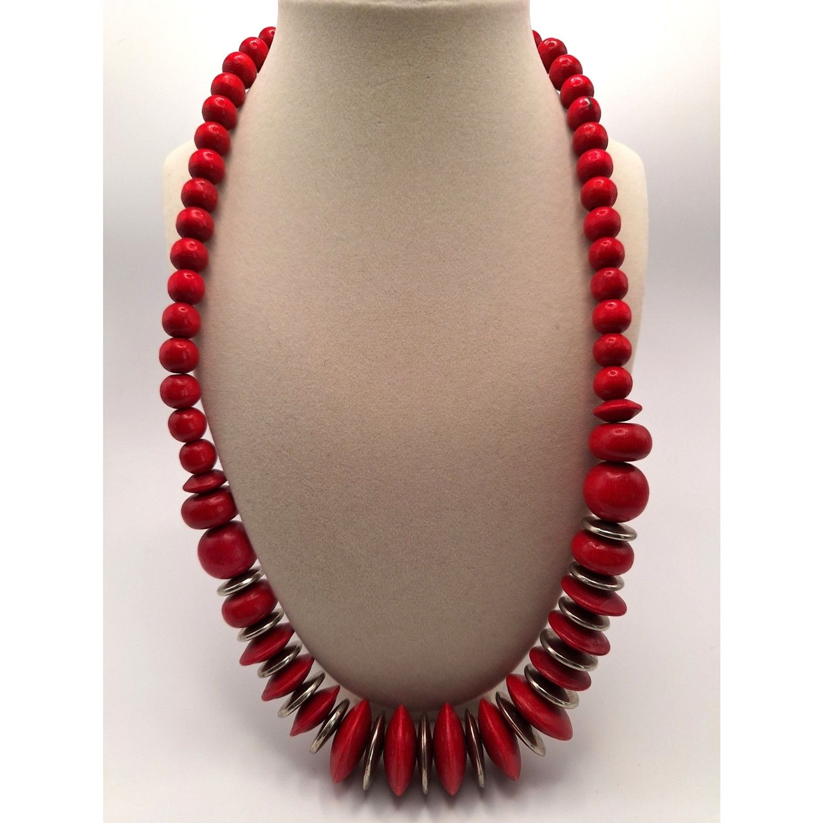 Red wood beaded necklace rondelles 23 inches STATEMENT