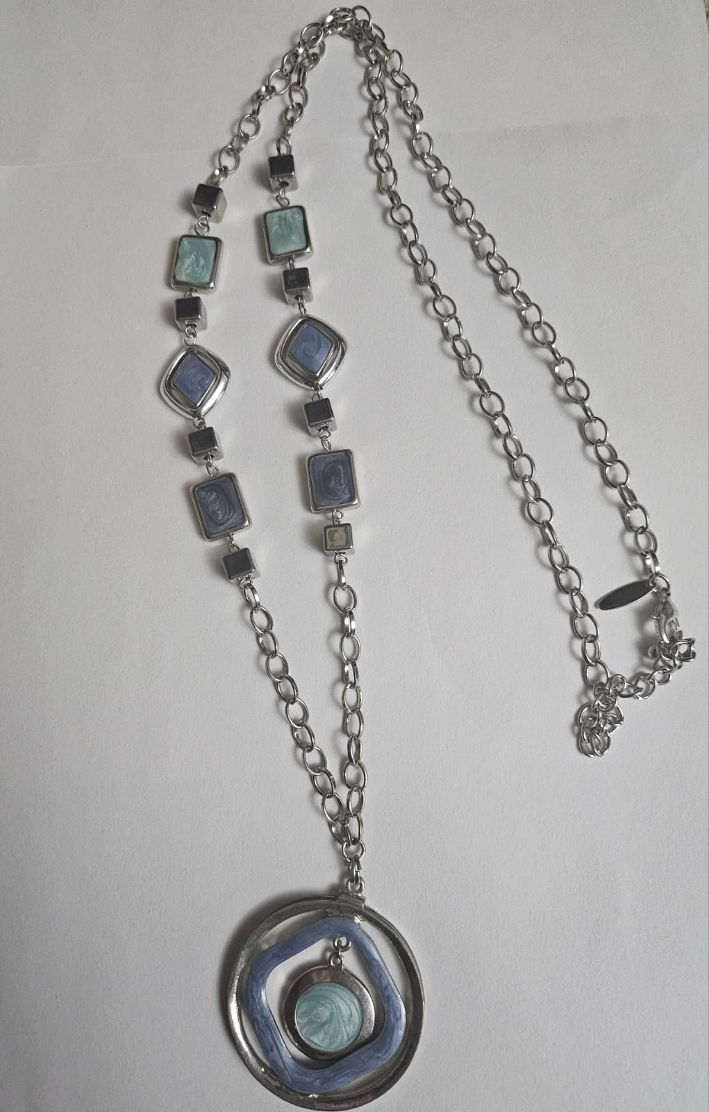 Vintage Long Geometric Statement Necklace Blue Gray Beaded Boho Pendant