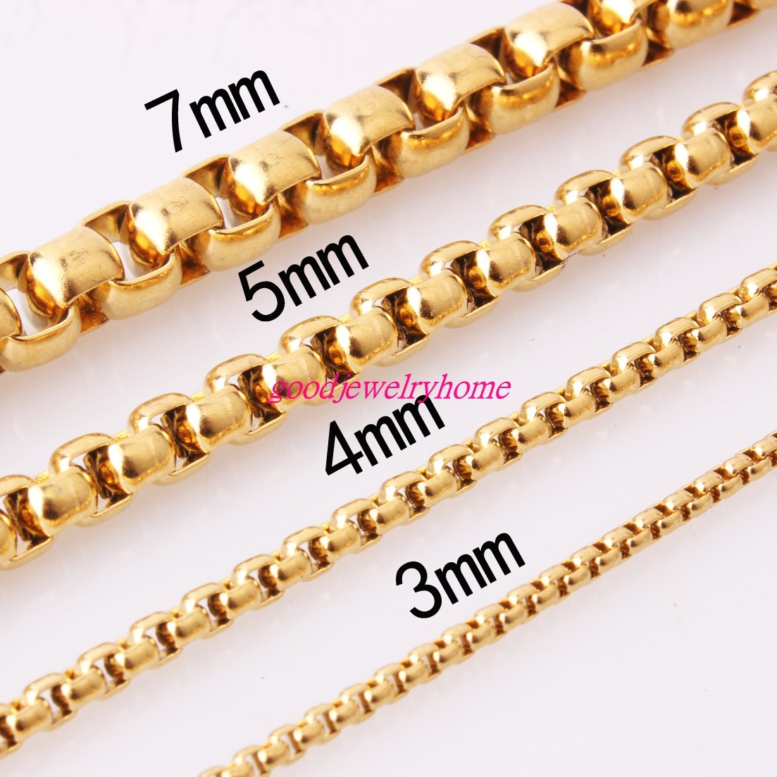 2/3/4/5/7MM Gold Plated Stainless Steel Rolo Box Chains Necklace Bangle 7″-40″