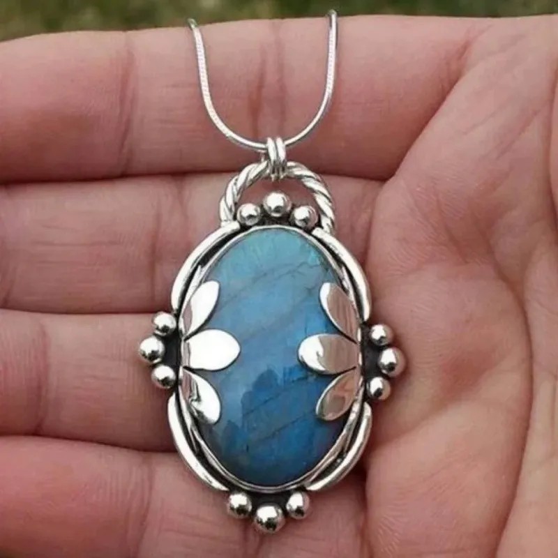 Silver Tone Snake Chain Necklace Blue Oval Labradorite Pendant 16.93in 3.5×2.8cm