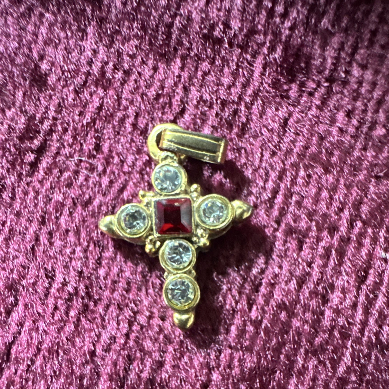 Vatican Library Signed Gold Tone Cross Charm Pendant Red Square Stone Clear
