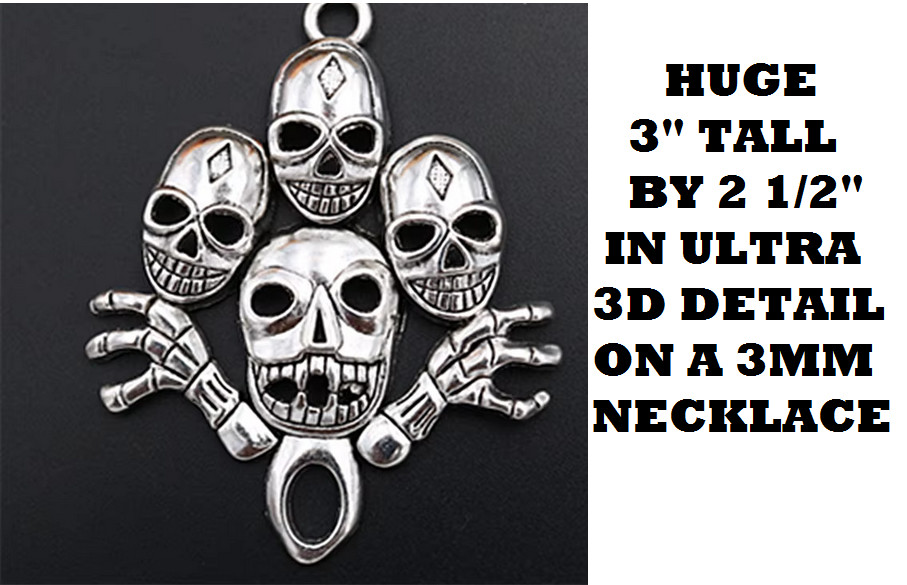 HUGE SKULLS BONES PAGAN DEATH EVIL Pendant 24″ 925 Sterling Silver Necklace Men