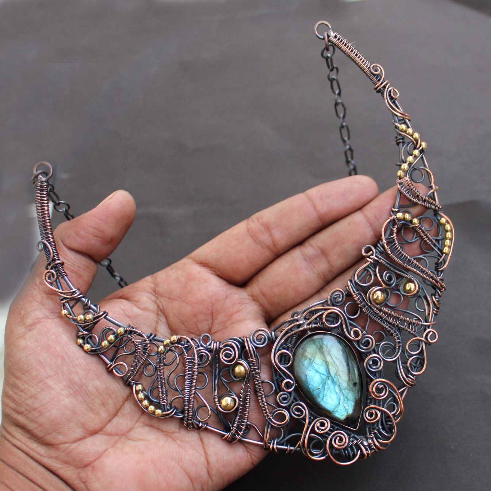 Natural Labradorite Necklace Jewelry Copper Wire Wrapped Chain Necklace 18.0″