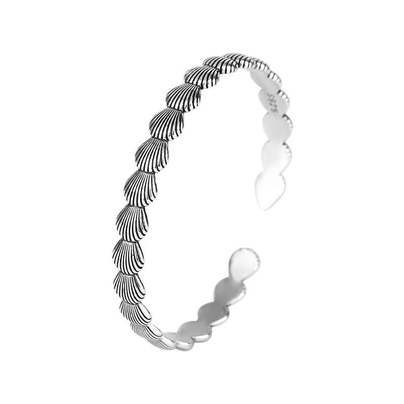 925 Sterling Silver Shell Open Bangle Retro Thai Silver Creative Cuff Bracelet