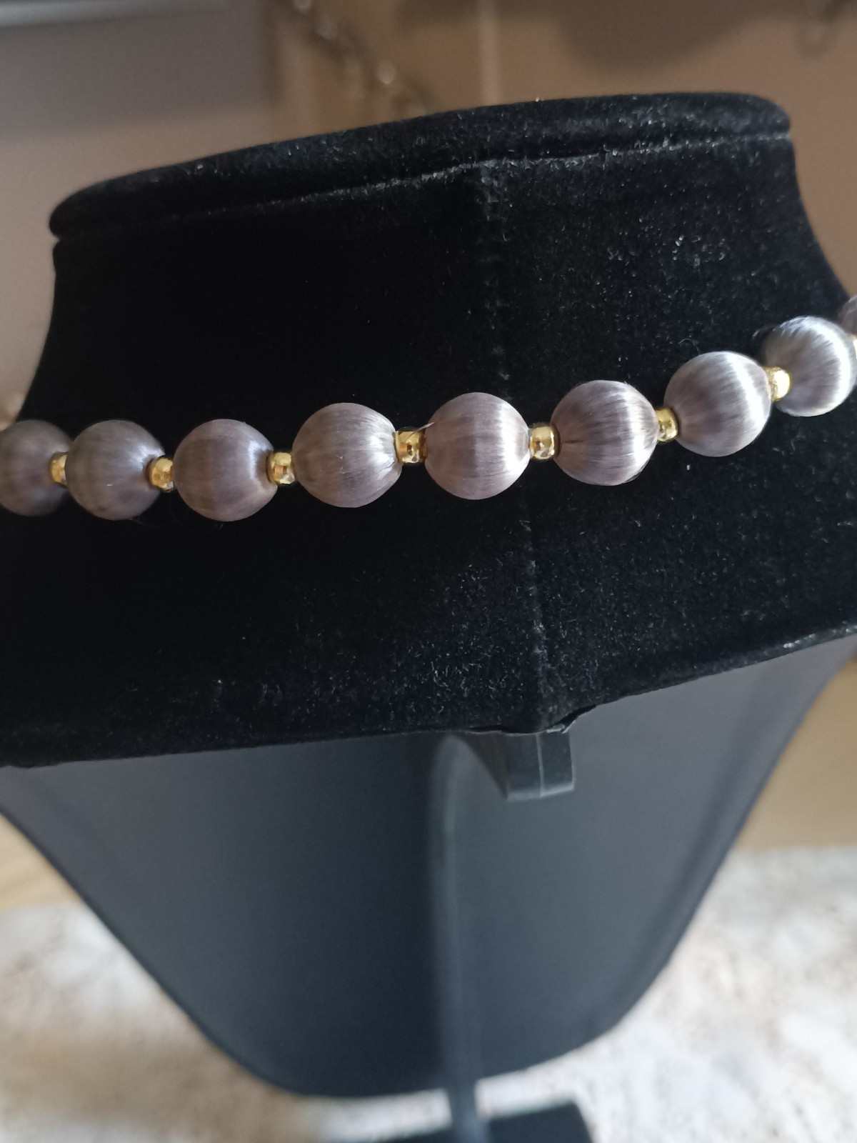 vintage Gray Beaded Necklace Round Beads Gold Tone Spacer Beads 16in No Stone