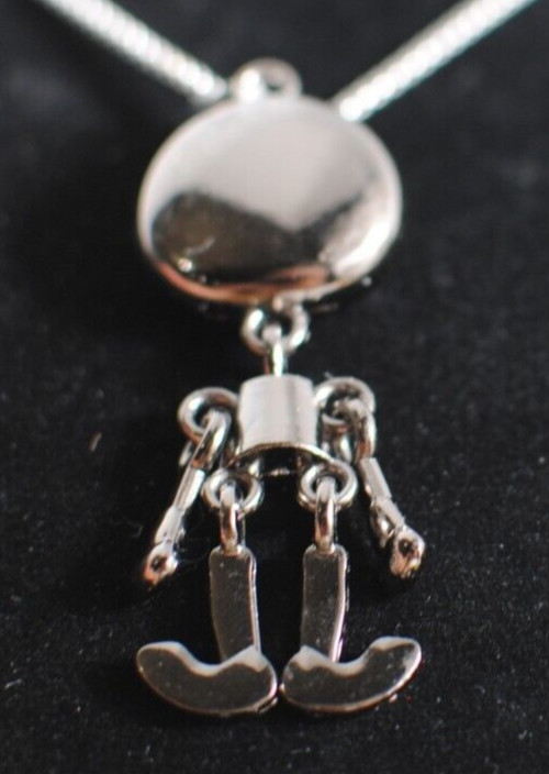 Moveable Arms Legs Body Skeleton Big Head Silver Tone Pendant Necklace 24″