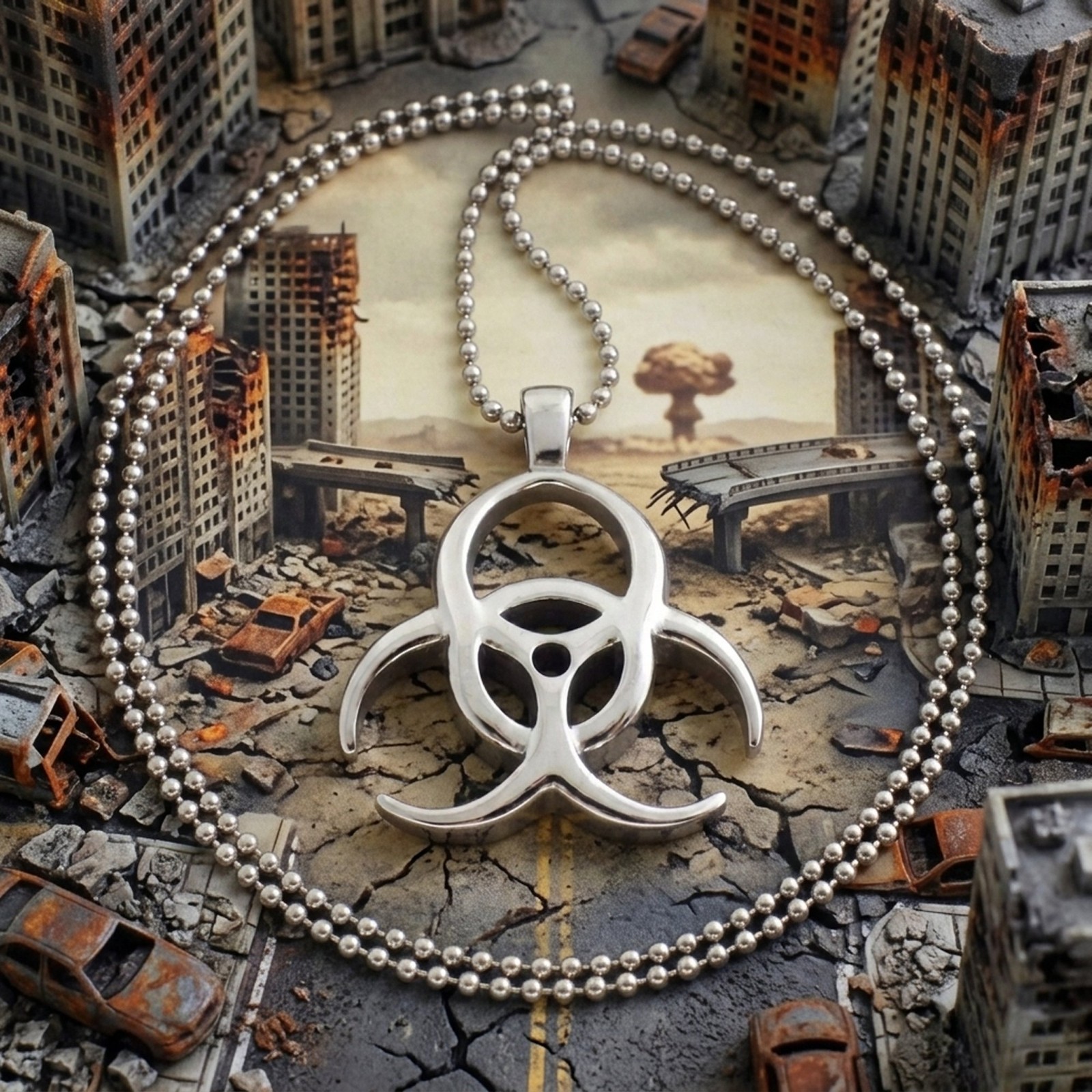 Biohazard Necklace Mens Womens Stainless Steel Virus Quarantine Zombie Pendant