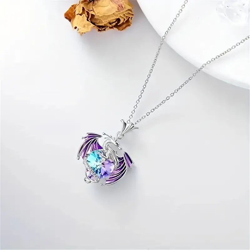 Blue Crystal – Silver Tone Chain – Dragon Necklace Pendant