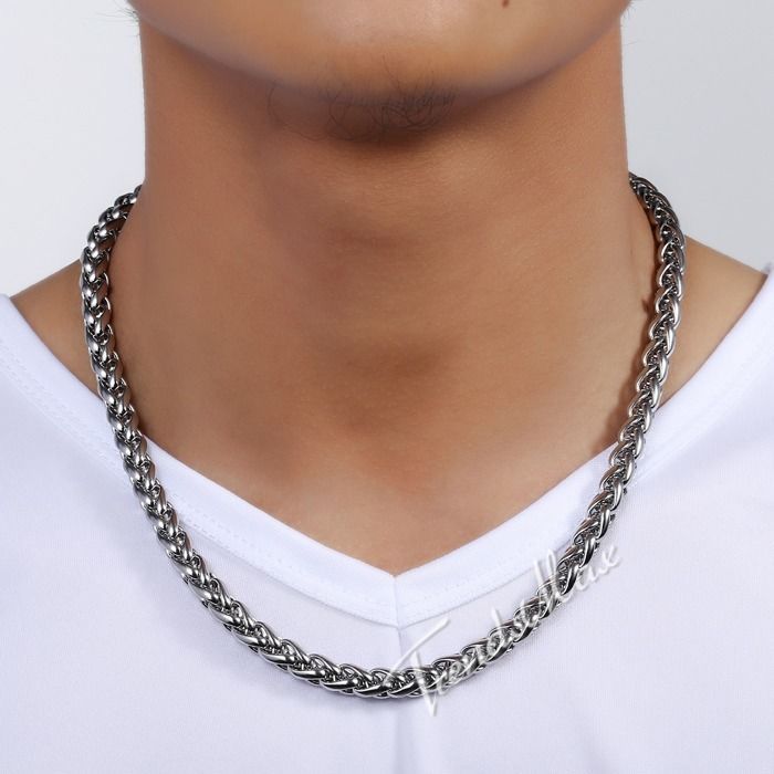 3/4/5/6/8/10mm Boys Men’s Chain Stainless Steel Wheat Link Silver Tone Necklace
