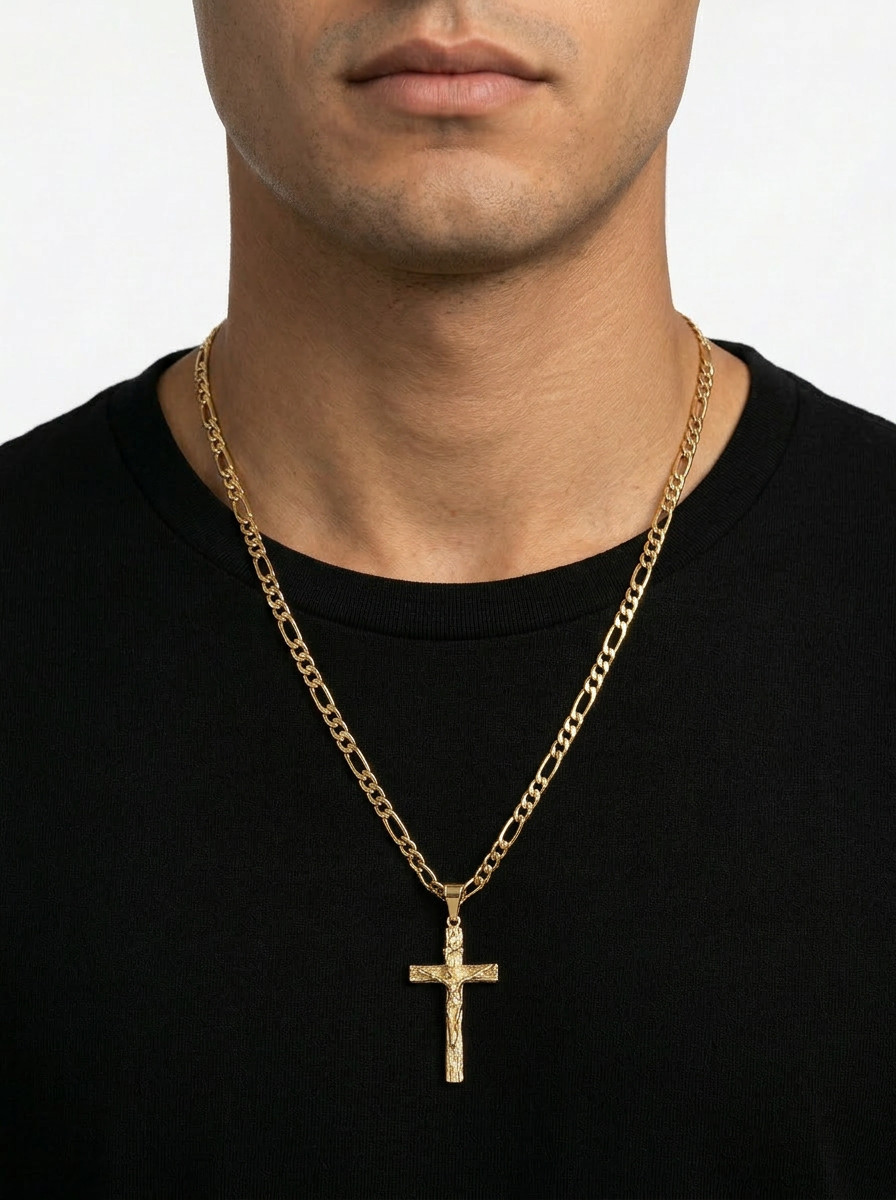 Gold Crucifix Necklace for Men, 6mm Round Figaro Chain, 14K Heavy Plated Gold