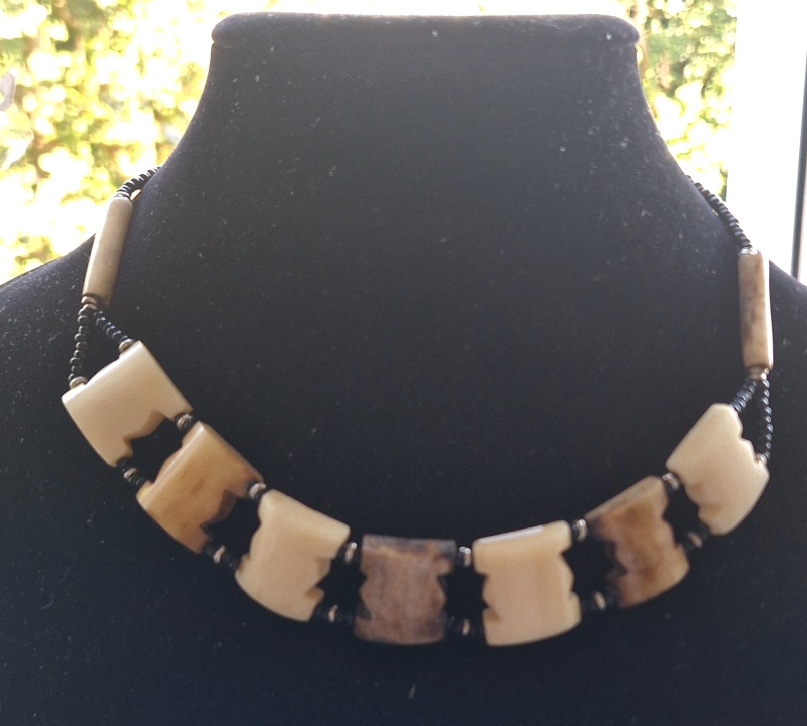 Vintage Carved Bone Geometric Necklace Mid‑Century Ethnic Tribal Barrell Clasp