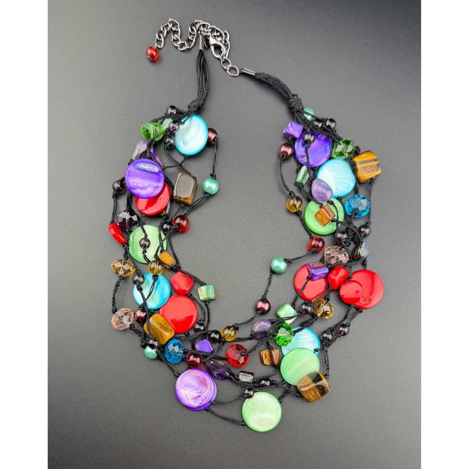 Premier Designs Multi-Strand Statement Necklace Multicolor Shell Tiger Eye Boho